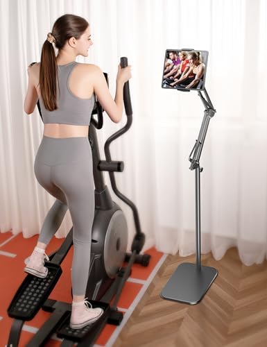 Adjustable Tablet Floor Stand with 4.5 LB Heavy Metal Base – Universal Phone Mount for i Pad, i Phone Pro, Samsung Galaxy Tab & E-Readers – Ergonomic Height & Angle Adjustment for Hands-Free Viewing & Enhanced Comfort