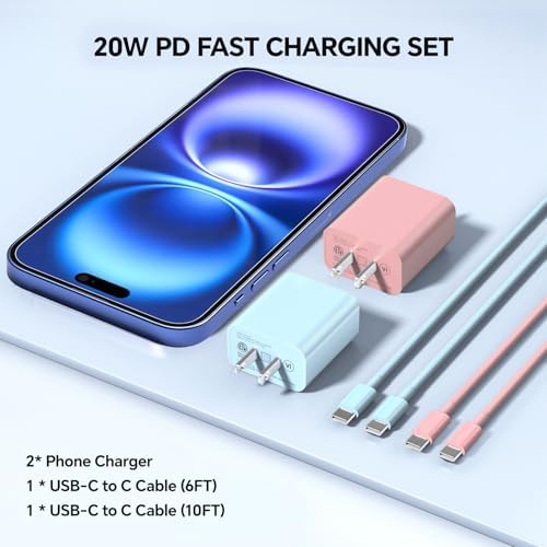 Lightning-Fast 20 W USB-C Wall Charger & 10 FT Cable for i Phone 15/16/Plus/Pro Max – Sleek Pink-Blue Power Adapter for Ultimate Charging Performance and Versatile Use