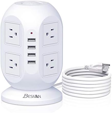 Ultimate Surge Protector Power Strip Tower: 8 AC Outlets, 4 USB Ports (Including 1 USB-C), 10 ft Flat Extension Cord – Versatile Charging Station for Home, Office or Dorm Use – Space-Saving Design with Advanced Surge Protection and Fast Charging Capabilities