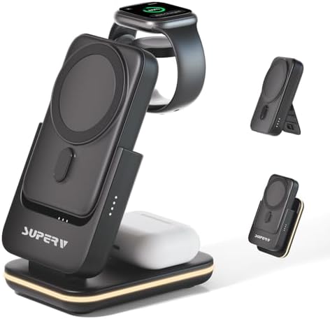 Ultimate 4-in-1 Magnetic Charging Station – SUPERV Foldable 5000 m Ah Power Bank for i Phone 16/15, Apple Watch, Air Pods & Samsung Galaxy S25/S24 – Fast Wireless Charger with Enhanced Mag-Safe Compatibility for Seamless Portability and Versatile Device Support