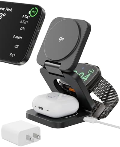 3-in-1 Foldable Magnetic Wireless Charging Station for Apple Devices – Qi2 Travel Charger for i Phone 12-16 Series, Apple Watch & Air Pods with 45 W Fast Adapter – Ultimate Convenience and Enhanced Compatibility for Modern Lifestyles