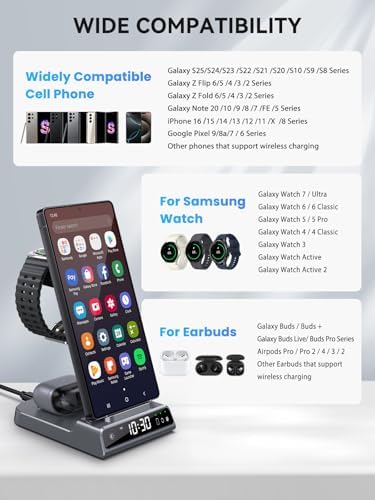 Upgrade Your Charging Experience with the Premium 3-in-1 Wireless Charger Station for Samsung Devices – Ultra-Fast Dock for Galaxy S24 Ultra, S23 Ultra, Z Flip 6, Fold 5, Galaxy Watch 7/6/5 Pro, and Buds – Modern Wood Grain Design with Integrated Clock for Enhanced Organization and Style