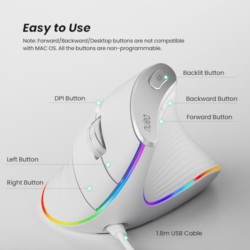Nulea M504 Ergonomic Wired Vertical Mouse with 4 Adjustable DPI Settings and 11 RGB Lighting Modes – Ultimate Comfort and Precision for Laptop, PC, Desktop, and Mac Users