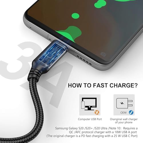 Premium 10 FT Braided USB Type-C Cable 5-Pack – High-Speed 3 A Fast Charging for Samsung Galaxy S10/S9/S8 Plus, Note 10/9/8, LG V50/V40/G8/G7 – Durable and Flexible Charge & Data Transfer Solution – Essential Accessory for Home, Office, and Travel