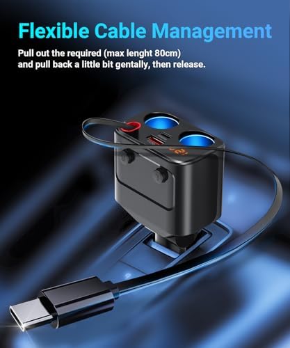 180 W Retractable Car Charger Splitter: 5-in-1 USB Fast Charging Hub with Dual USB Ports, Dual Cigarette Lighter Sockets, Individual Power Switches, and LED Voltmeter for Optimal Charging Efficiency and Vehicle Utility