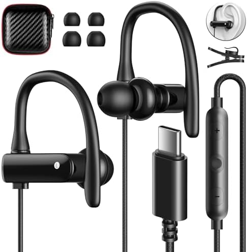 Ultimate USB C Over-Ear Sport Headphones for Active Users – Secure Hook Design for i Phone 16 & Samsung Galaxy S24 – High-Fidelity Wired Earbuds with Built-In Mic for Unmatched Comfort and Sound Quality During Workouts and Daily Activities