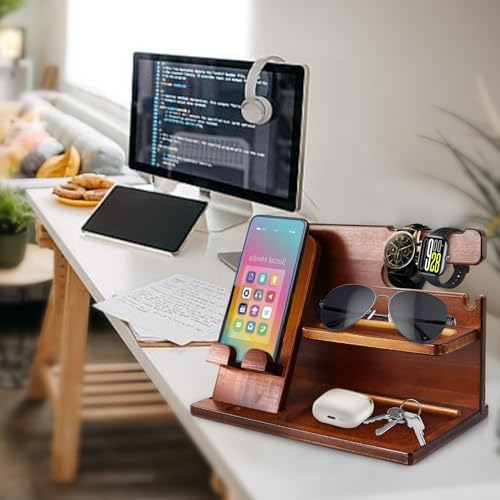 Stylish Wood Nightstand Organizer for Men – Elegant Beige Phone Docking Station & Desk Accessory with Dedicated Compartments for Keys, Wallets, Glasses – Practical Gift Idea for Birthdays & Special Occasions – Enhance Your Bedroom Aesthetics & Simplify Your Nightly Routine