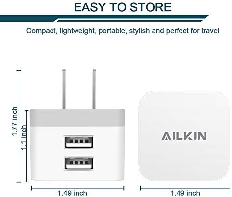 AILKIN Dual Port USB Wall Charger Pack – 2.4 A Fast Charging Power Cube for i Phone 15/14/13/12 Pro Max & Samsung Devices – Compact Travel Adapter for Simultaneous Device Charging – Sleek White Design for Home & Office Use