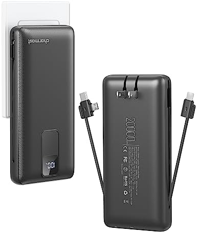 Charmast Ultra-Fast 20000 m Ah Portable Charger with Integrated Cables and Wall Plug – Universal Compatibility for i Phone 16/15/14/13, Samsung, Google, i Pad – Sleek Design, Rapid 20 W USB-C Power Delivery for On-the-Go Charging Solutions