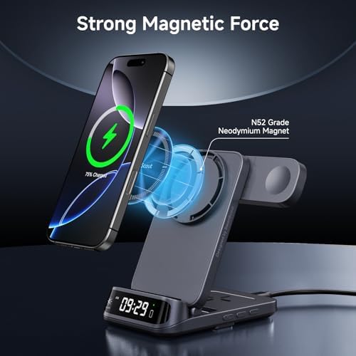 Foldable 3-in-1 Magnetic Wireless Charging Station: Mag Safe-Compatible Charger for i Phone 16/15/14/13 Series, Apple Watch, and Air Pods – Enhanced Portability and Fast Charging for Travel and Home Use
