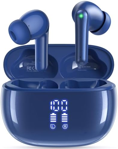 Elevate Your Audio Experience with Navy Blue Bluetooth Deep Bass Earbuds – 40 Hours Playtime, IPX7 Waterproof, LED Battery Indicator & Comfortable In-Ear Design for i Phone, Android, Tablets & Laptops – Ideal for Active Lifestyles and Extended Listening Sessions