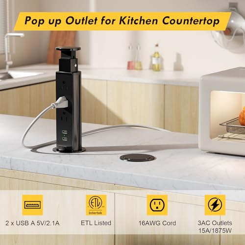 Elevate Your Charging Station with the Kungfuking Retractable Pop Up Outlet Socket – Versatile Power Hub Featuring 3 US Plugs & 2 USB Ports for Kitchen Counters, Conference Rooms, and Office Spaces, Sleek Black Design for Modern Aesthetics, Efficient Charging & Clutter-Free Organization