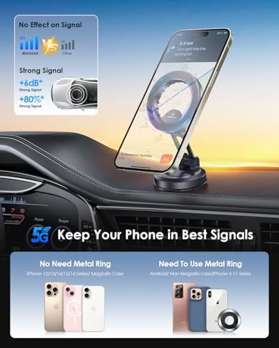WixGear for MagSafe Car Mount, Foldable Car Phone Mount, Magnetic Phone Holder for Car Dashboard, Strong Magnets, MagSafe Suction Mount, MagSafe Dash Mount, 360° Rotation, Compatible with iPhones – Enhanced Compatibility and Speed