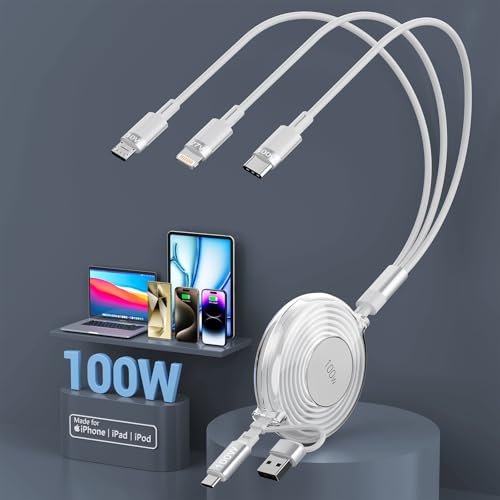 Ultra-Fast 100 W Retractable Multi-Device Charging Cable – 6-in-1 Compact Travel Charger for i Phone 15, i Pad Pro 2024, and More – Versatile USB C, Lightning & Micro USB Ports with 4 FT Flexibility – Sleek Black Design for Tangle-Free Convenience and Enhanced Compatibility