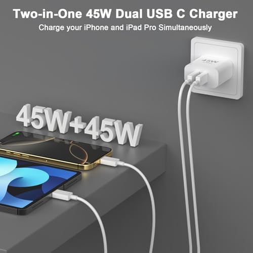 High-Speed 45 W USB-C Charger Duo for i Phone 15 & 16 Series | Includes 10 FT C-C Charging Cables | Dual Port Fast Charging Block with Safety Features | Ideal for Home, Office, and Travel Use