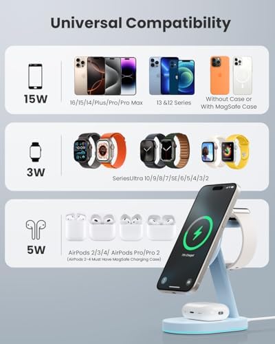 Ultimate 3-in-1 Wireless Charging Station for i Phone, Apple Watch, and Air Pods – Qi2 Certified 15 W Magnetic Charger with 30 W USB-C Adapter & Integrated Night Light – Streamlined Design for i Phone 16/15/14/13/12 – Superior Speed and Enhanced Compatibility for Modern Tech Users