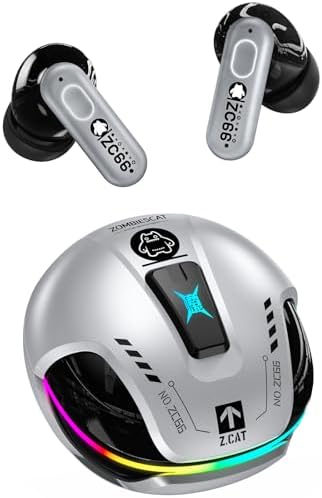 ZOMBIES CAT B5 Silver Wireless Earbuds – Cutting-Edge Bluetooth 5.4 Technology with 60-Hour Battery Life, Active Noise Cancelling for Immersive Sound, and Enhanced 4 Mic ENC for Superior Call Clarity – Stylish RGB Lighting Perfect for Audiophiles and Everyday Use