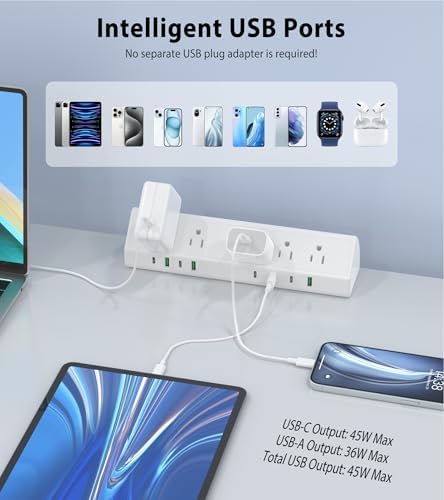 Maximize Efficiency with the 45 W Desk Clamp Charging Station – 4 PD USB-C Ports & 5 AC Outlets, ETL Listed Surge Protector for Ultimate Device Protection, 14 AWG Heavy-Duty Cord, Secure Fit for 1.9″ Tabletops (Black, 6 FT Cable) – Your All-in-One Power Solution for Home and Office