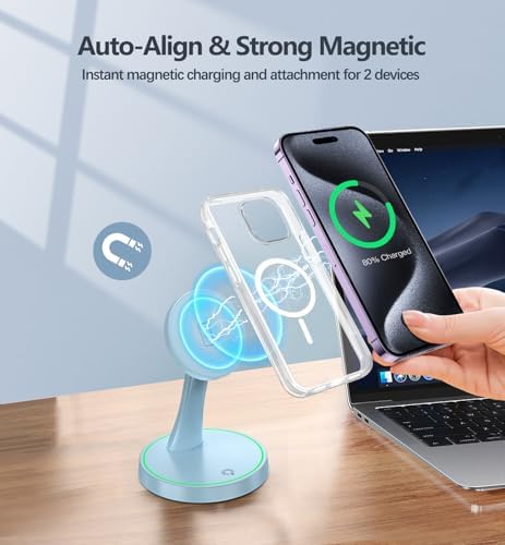 Efficient Magnetic Wireless Charging Stand – 15 W Fast Mag Safe Charger for i Phone 16 Series & Earlier, Sleep-Friendly Indicator Light, Sleek Design, Enhanced Compatibility & Quick Charge for Air Pods – Ultimate Cordless Convenience