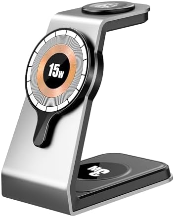 Sleek Aluminum 3-in-1 Magnetic Wireless Charging Station for Apple Devices – Fast Charge i Phone 11-16 Pro Max, Apple Watch Series 2-8 & Air Pods 2/3/Pro – All-in-One Charger Stand with Adapter for Enhanced Efficiency and Modern Aesthetics
