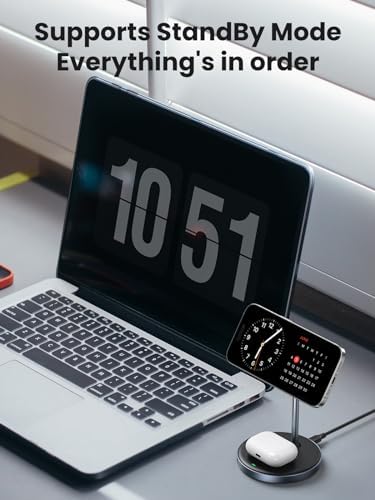 UGREEN Mag Flow 2-in-1 Magnetic Wireless Charging Station – Ultra-Fast Qi Charging Hub for i Phone 16/15/14/13/12 & Air Pods – Sleek, Space-Saving Design with 3 FT USB-C Cable (Adapter Not Included) – Elevate Home & Office Charging Efficiency