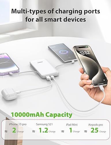 Experience Ultimate Portability with Alongza 10,000 m Ah Fast Charging Power Bank – Sleek Design with Built-In Cables and AC Plug for Effortless Device Charging on the Go – Lightweight, Compact USB C External Battery for Seamless Travel Convenience and Enhanced Compatibility Across All Smartphones and Gadgets