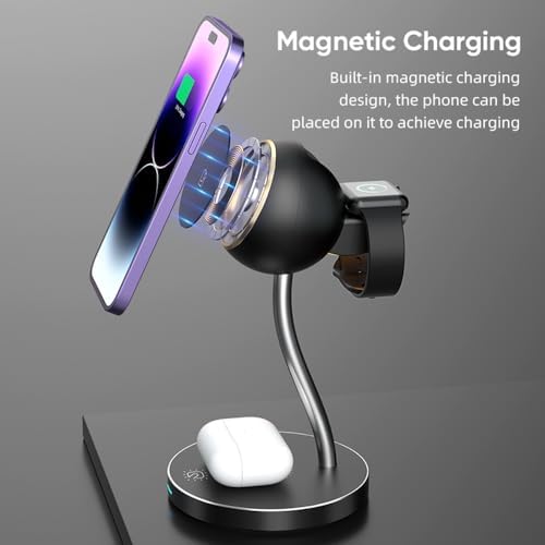REFLEX CAMERA 4-in-1 Wireless Magnetic Charging Station for i Phone, Apple Watch & Air Pods – Fast 15 W Charging Dock with Integrated LED Lamp – Compatible with i Phone 16 Pro/16/15/14/13/12/11 – Sleek Bedside & Desktop Design – Ultimate Convenience & Organization