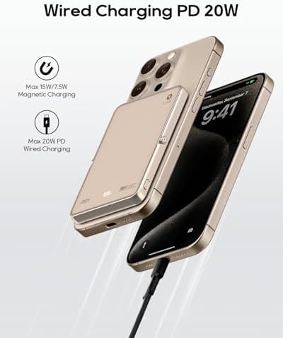 Mag Safe-Compatible Ultra-Slim 5000 m Ah Wireless Power Bank with 15 W Fast Charging & 20 W USB-C, Foldable Kickstand for i Phone 16/15/14/13/12 Series – Portable Charger for Effortless Power on the Go
