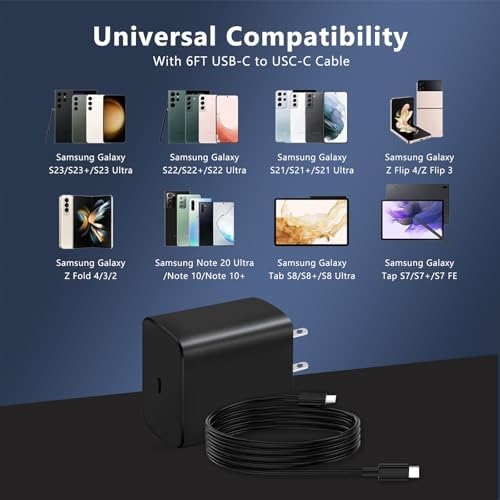 Ultra-Fast 45 W USB-C Charger with 6 FT Cable for Samsung Galaxy S25/S24/S23/S22 Series – High-Power Charging Block for Tablets & Smartphones with Safety Features, Compact Design, and Enhanced Compatibility for Quick Device Recharge