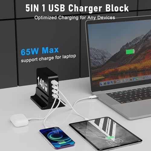 140 W Ga N USB-C Charging Hub: 5-Port Power Adapter for Fast Simultaneous Charging of Mac Book Pro, Dell Laptops, i Phone 16/15/14, Samsung Galaxy S25 – Compact Design with 65 W Output per Port, Universal Compatibility, and Advanced Safety Features for Office and Home Use