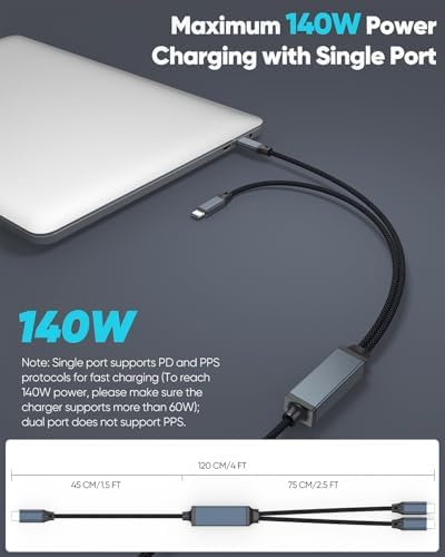 Experience Unmatched Charging Versatility with the 2-in-1 140 W USB-C Fast Charging Cable – 4 FT Braided Dual USB Type C Cord for i Phone 15/16 Pro, Mac Book Pro/Air, i Pad, Galaxy S25 and More – Perfect for Home, Office, and On-the-Go Power Solutions!
