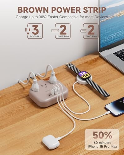 Stylish Brown Travel Power Strip with 5 Ft Cord – Compact Extension Solution Featuring 3 AC Outlets & 4 USB Ports (2 USB-C) for Rapid Charging – Ideal Desk Accessory for Tan Wood and Walnut Grain Décor – Maximize Functionality & Aesthetics in Any Space