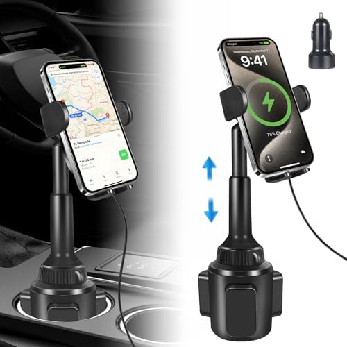 Innovative Wireless Car Charger & Adjustable Cup Holder Phone Mount – 15 W Fast Charging for i Phone 16/15/14/13, Samsung, LG – Customizable Height & Secure Fit for Ultimate Road Convenience – Includes Car Adapter for Immediate Use
