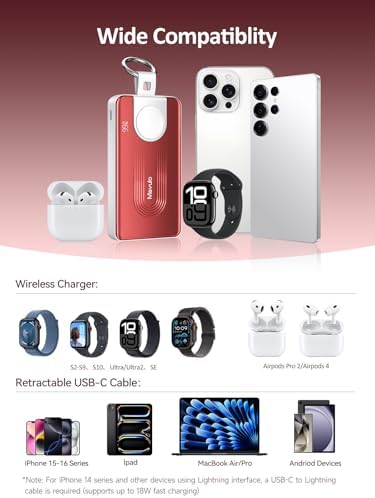 Mavulo Ultra-Fast Wireless Power Bank for Apple Devices – 10000 m Ah Portable Keychain Charger with Retractable USB-C Cable, 20 W Quick Charge Capability, LED Battery Indicator – Compatible with i Phone 15/16, i Pad, Air Pods Pro, and Apple Watch – Sleek Black Design for On-the-Go Power Solutions
