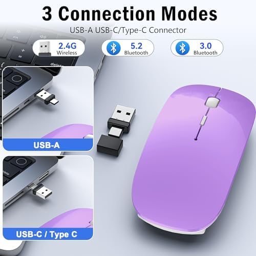 Versatile Wireless Bluetooth Mouse for Mac Book Air, Mac Pro, & i Pad – Sleek Rechargeable Silent Mouse with Dual Connectivity (USB-C & 2.4 G) – Travel-Friendly Jiggler Mice Mover in Stylish Purple – Perfect for Professionals & On-the-Go Users