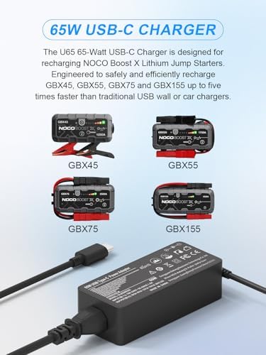 Power Up Your NOCO Boost X Series Jump Starter with the 65 W USB-C AC Power Adapter – Rapid Charging for GBX45, GBX55, GBX75, GBX155 – Ultra-Compact, Rugged Design with Superior Safety Features for Reliable On-the-Go Performance