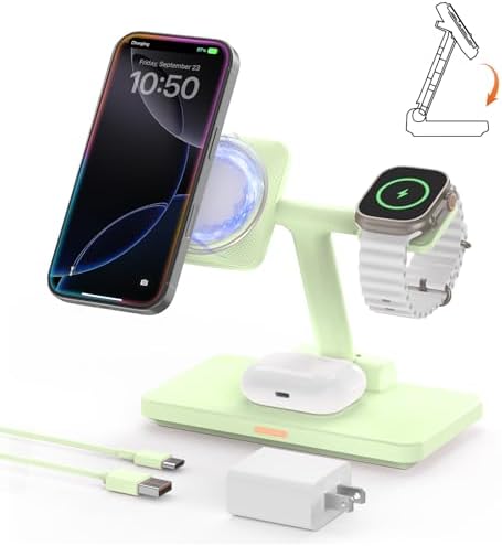 GEEKERA 3-in-1 Foldable Wireless Charging Station for Apple Devices – Fast Charge Your i Phone 16/15/14/13/12/11 Pro Max, Apple Watch Ultra/10/9/SE/8/7/6/5 & Air Pods Pro/4/3/2 with Travel-Friendly Design – Ultimate Multi-Device Charging Solution for Home & On-the-Go Efficiency