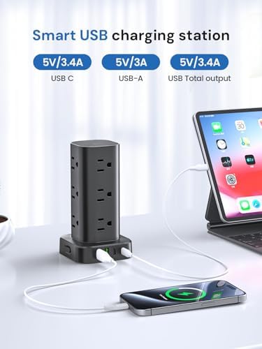 Ultimate Tower Power Strip Surge Protector – 12 AC Outlets & 4 High-Speed USB Ports (2 USB-C) with 6 FT Flexible Extension Cord – Versatile Charging Station for Home, Office, Dorm & Travel (Black) – Unmatched Safety & Space-Saving Design