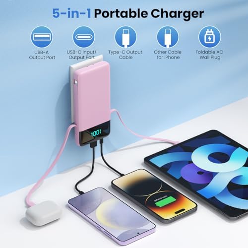 Upgrade Your Charging Experience: 13800 m Ah Portable Power Bank with Built-in Cables and Wall Plug – Fast Charging USB-C Battery Pack for i Phone 16/15/14, Samsung & Android Devices – Ultimate Travel Companion with 4 Outputs for Simultaneous Device Charging