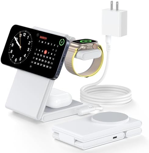 Revolutionary 3-in-1 Foldable Magnetic Wireless Charging Station with PD 20 W USB-C Adapter – Ultimate Compatibility for i Phone 16/15/14/13/12 Series, Apple Watch, and Air Pods in Sleek Black Finish, Perfect for Home and Travel Efficiency