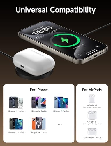 JSAUX 15 W Mag-Safe Wireless Charger Duo – Fast Charging Magnetic Pad for i Phone 16/16 Plus/16 Pro/16 Pro Max/i Phone 15/14/13/12 Mini and Air Pods – Dual Pack for Ultimate Compatibility and Portability, Sleek Black Design for Effortless Power-Up