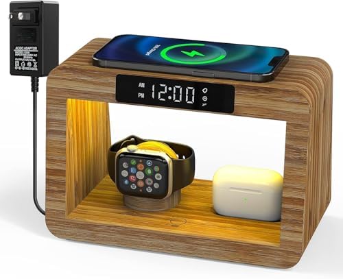 Eco-Friendly Bamboo Charging Station with 15 W Fast Wireless Charging, Adjustable Night Light & Multi-Device Compatibility for i Phone, i Watch, Air Pods, and Samsung – Sleek Nightstand Solution with 3 Color Modes and 4 Brightness Levels, Includes Adapter for Enhanced Efficiency