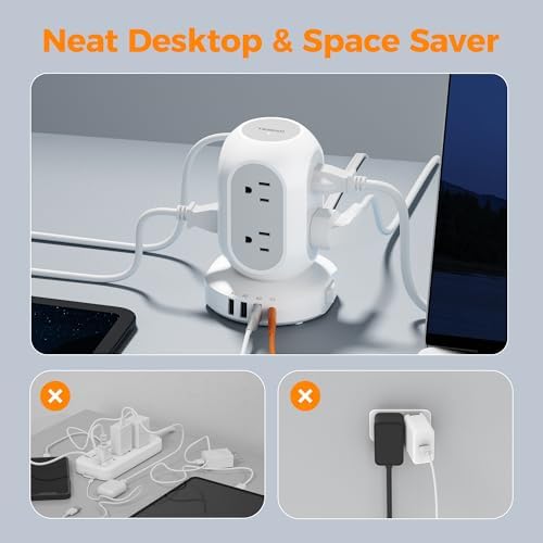 TESSAN Surge Protector Power Strip Tower with 10 Ft Flat Plug Extension Cord – 8 AC Outlets & 4 High-Speed USB Ports (1 USB-C) – 1050 Joules Protection – Ideal Charging Station for Home, Office, and Dorm Room Use – Maximize Safety and Organization