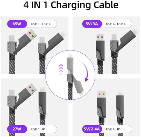 Ultimate 4-in-1 Fast Charging Cable – 65 W Multi-Device Charger with E-Mark Chip for i Phone 16/15/14/13, i Pad, and Laptops – High-Speed USB-C/Lightning Connectivity for Enhanced Performance and Versatility
