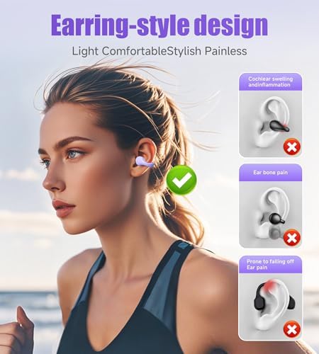 King Lucky i21 Purple Bluetooth 5.3 Open Ear Clip-On Earbuds – Advanced Noise Cancellation & IPX4 Waterproof Design for Small Ears and Glasses Wearers – Perfect for Active Lifestyles & Hands-Free Calls