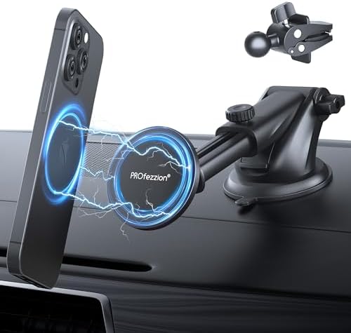 Magnetic Phone Holder for Cars – PROfezzion Suction Cup & Vent Clip Combo for i Phone 16/15/14/13 Pro Max & All Smartphones – Seamless Mag Safe Compatibility & Durable Aluminum Design – Enhanced Grip for Safe Navigation and Hands-Free Calls