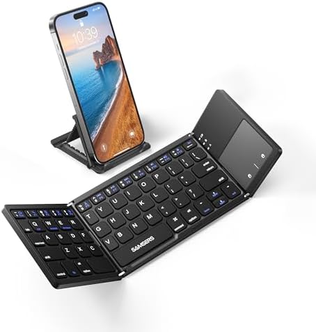 Samsers Portable Bluetooth Keyboard with Touchpad – Ultra-Slim Foldable Wireless Keyboard for Effortless Typing on Android, Windows, and i OS Devices – Rechargeable, Travel-Friendly Design with Device Holder – Black