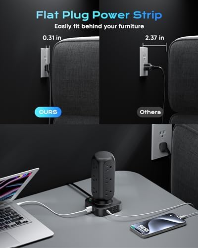 Revolutionize Your Charging Setup with the Flat Plug Power Strip Tower – 10 FT Extension Cord, 40 W Fast Charging Station Featuring 12 AC Outlets and 8 USB Ports (4 USB-C) for Ultimate Device Connectivity and Safety in Home, Office, or Dorm Room