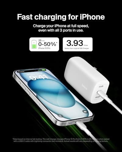 Belkin 67 W 3-Port USB-C Power Delivery Charger Block – Ultra-Fast Charging Hub for i Phone 16, Samsung Galaxy S25, Mac Book Pro & More – Portable & Versatile Charging Solution for Home, Office, and Travel – Enhanced PPS Technology for Universal Device Compatibility