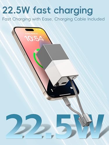Sleek 5000 m Ah Pink Power Bank with Built-in Charging Cable & AC Plug – Ultra-Compact 22.5 W Fast Charging Solution for Travelers – Lightweight Mini Portable Charger Compatible with Samsung & More – Effortless Power for Daily Adventures and On-the-Go Use